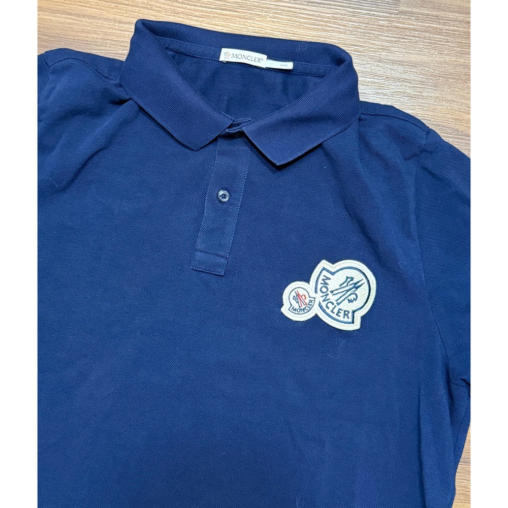Moncler Maglia Polo Manica Corta Navy Blue Double Logo Patch Mens Sz L